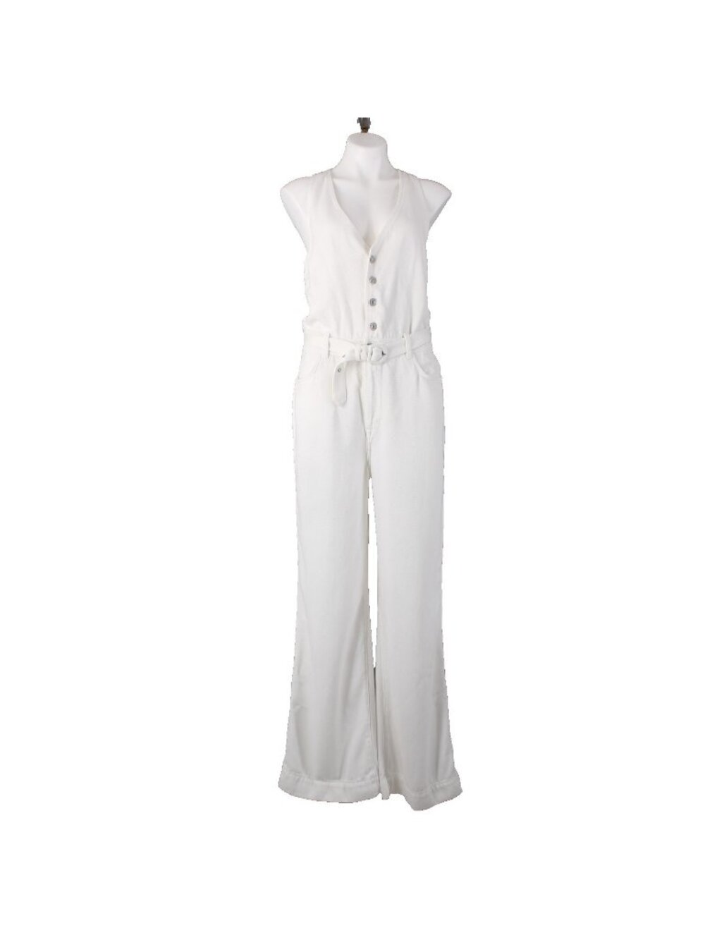 7 For All Mankind Jumpsuit Sz L x 34 White Denim Buttons V Neck 100% Lyocell